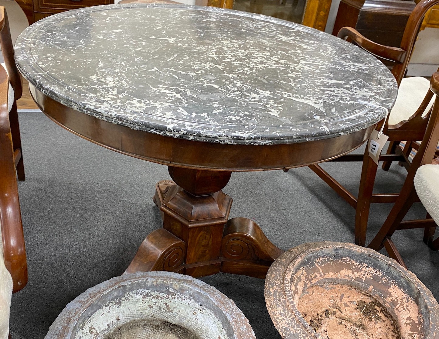 A French Empire style circular mahogany marble topped centre table, diameter 89cm, height 74cm